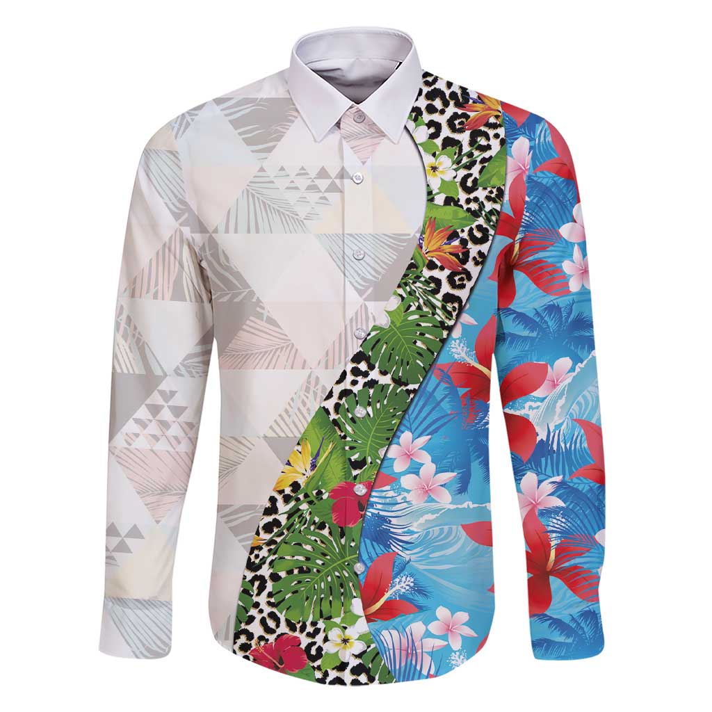 Hawaiian Tropical Flowers and Leaves Family Matching Short Sleeve Bodycon Dress and Hawaiian Shirt on Leopard Pattern Half Style White-Blue Version LT03 Dad's Shirt - Long Sleeve White - Polynesian Pride