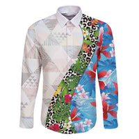 Hawaiian Tropical Flowers and Leaves Family Matching Short Sleeve Bodycon Dress and Hawaiian Shirt on Leopard Pattern Half Style White-Blue Version LT03 Dad's Shirt - Long Sleeve White - Polynesian Pride