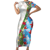 Hawaiian Tropical Flowers and Leaves Family Matching Short Sleeve Bodycon Dress and Hawaiian Shirt on Leopard Pattern Half Style White-Blue Version LT03 Mom's Dress White - Polynesian Pride