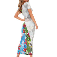 Hawaiian Tropical Flowers and Leaves Family Matching Short Sleeve Bodycon Dress and Hawaiian Shirt on Leopard Pattern Half Style White-Blue Version LT03 - Polynesian Pride