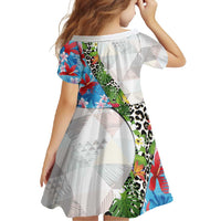 Hawaiian Tropical Flowers and Leaves Family Matching Summer Maxi Dress and Hawaiian Shirt on Leopard Pattern Half Style White-Blue Version - Polynesian Pride