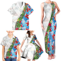 Hawaiian Tropical Flowers and Leaves Family Matching Tank Maxi Dress and Hawaiian Shirt on Leopard Pattern Half Style White-Blue Version - Polynesian Pride