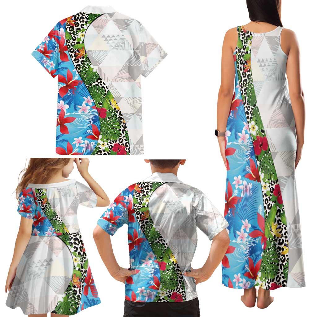 Hawaiian Tropical Flowers and Leaves Family Matching Tank Maxi Dress and Hawaiian Shirt on Leopard Pattern Half Style White-Blue Version - Polynesian Pride