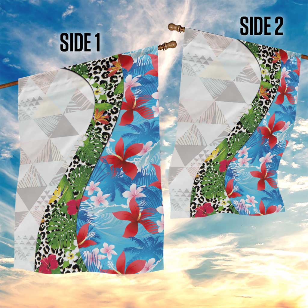 Hawaiian Tropical Flowers and Leaves Garden Flag on Leopard Pattern Half Style White-Blue Version - Polynesian Pride