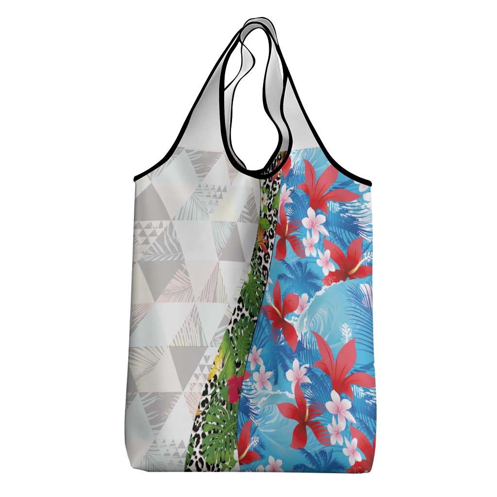 Hawaiian Tropical Flowers and Leaves Grocery Bag on Leopard Pattern Half Style White-Blue Version - Polynesian Pride