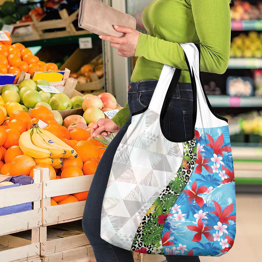 Hawaiian Tropical Flowers and Leaves Grocery Bag on Leopard Pattern Half Style White-Blue Version - Polynesian Pride
