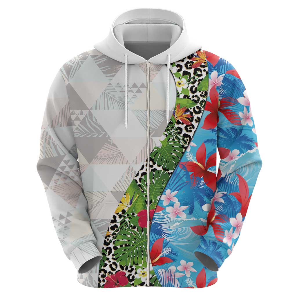 Hawaiian Tropical Flowers and Leaves Hoodie on Leopard Pattern Half Style White-Blue Version - Polynesian Pride