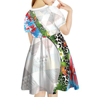 Hawaiian Tropical Flowers and Leaves Kid Short Sleeve Dress on Leopard Pattern Half Style White-Blue Version - Polynesian Pride