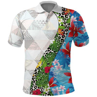 Hawaiian Tropical Flowers and Leaves Polo Shirt on Leopard Pattern Half Style White-Blue Version - Polynesian Pride