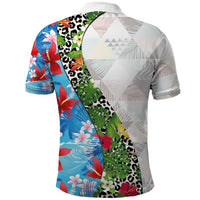 Hawaiian Tropical Flowers and Leaves Polo Shirt on Leopard Pattern Half Style White-Blue Version - Polynesian Pride