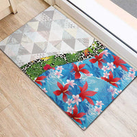Hawaiian Tropical Flowers and Leaves Rubber Doormat on Leopard Pattern Half Style White-Blue Version - Polynesian Pride