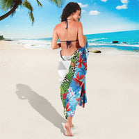 Hawaiian Tropical Flowers and Leaves Sarong on Leopard Pattern Half Style White-Blue Version - Polynesian Pride