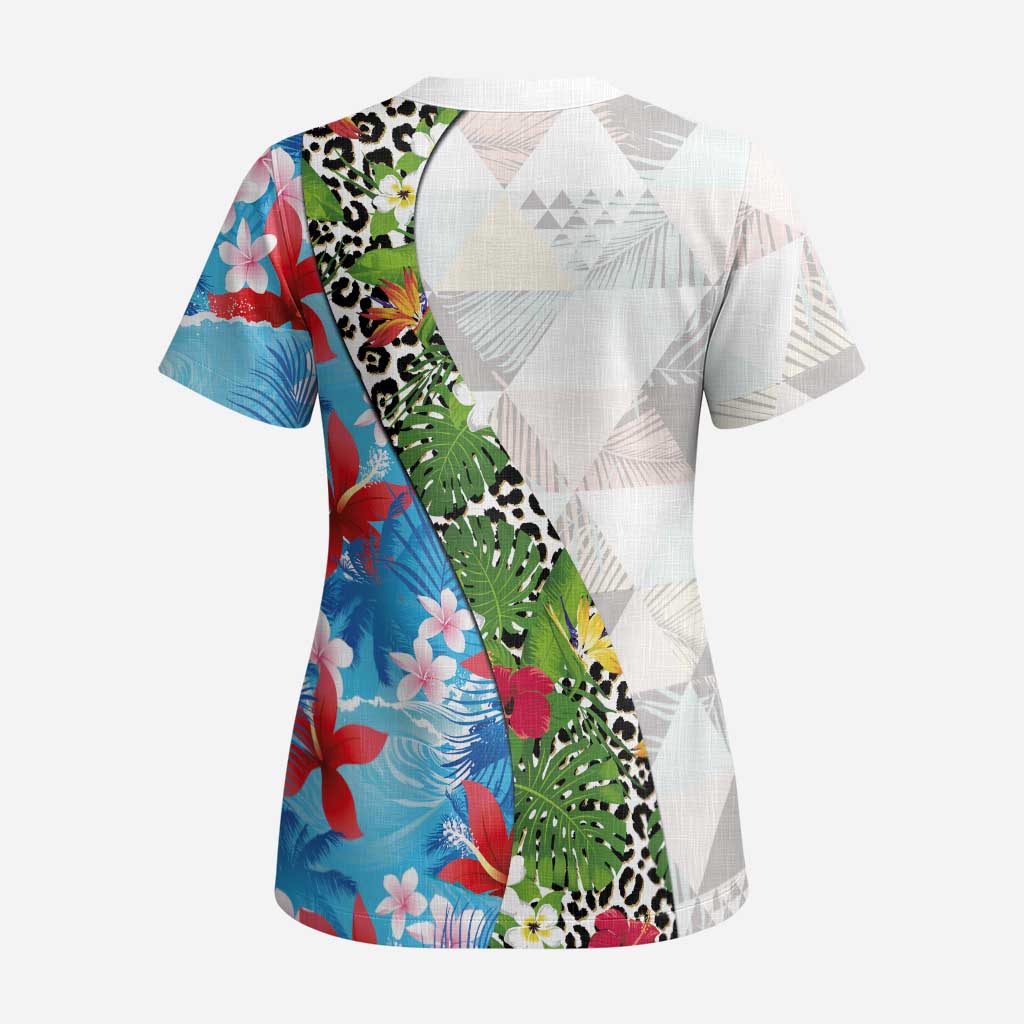 Hawaiian Tropical Flowers and Leaves Scrub Top on Leopard Pattern Half Style White-Blue Version LT03 - Polynesian Pride