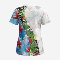 Hawaiian Tropical Flowers and Leaves Scrub Top on Leopard Pattern Half Style White-Blue Version LT03 - Polynesian Pride