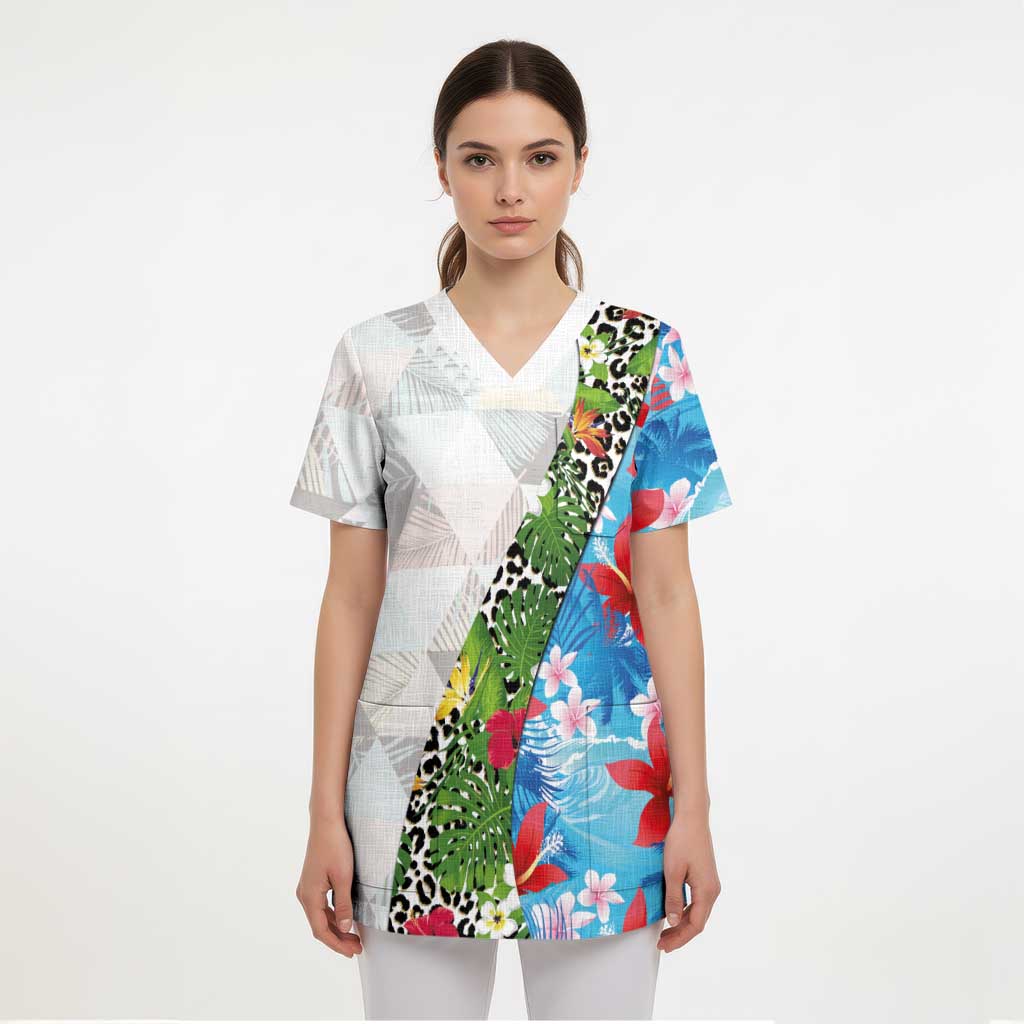 Hawaiian Tropical Flowers and Leaves Scrub Top on Leopard Pattern Half Style White-Blue Version LT03 - Polynesian Pride