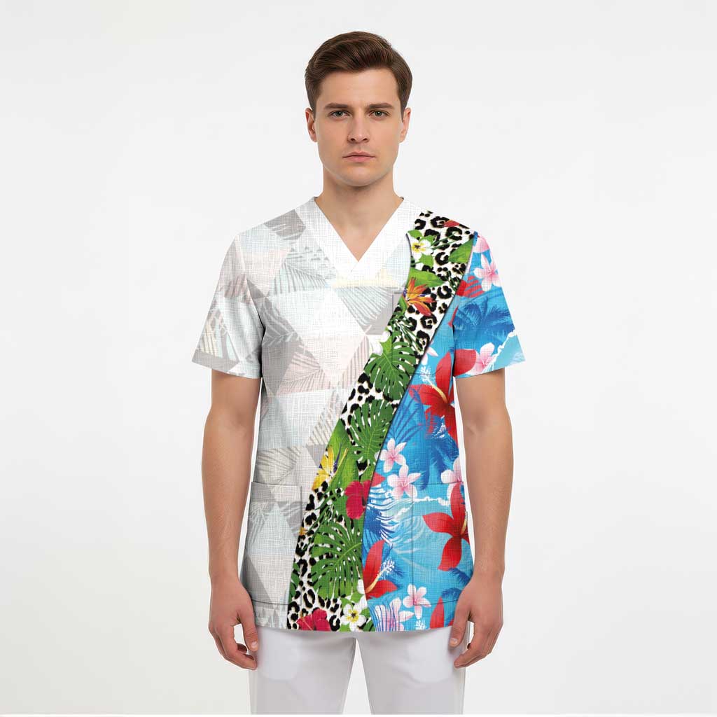 Hawaiian Tropical Flowers and Leaves Scrub Top on Leopard Pattern Half Style White-Blue Version LT03 - Polynesian Pride