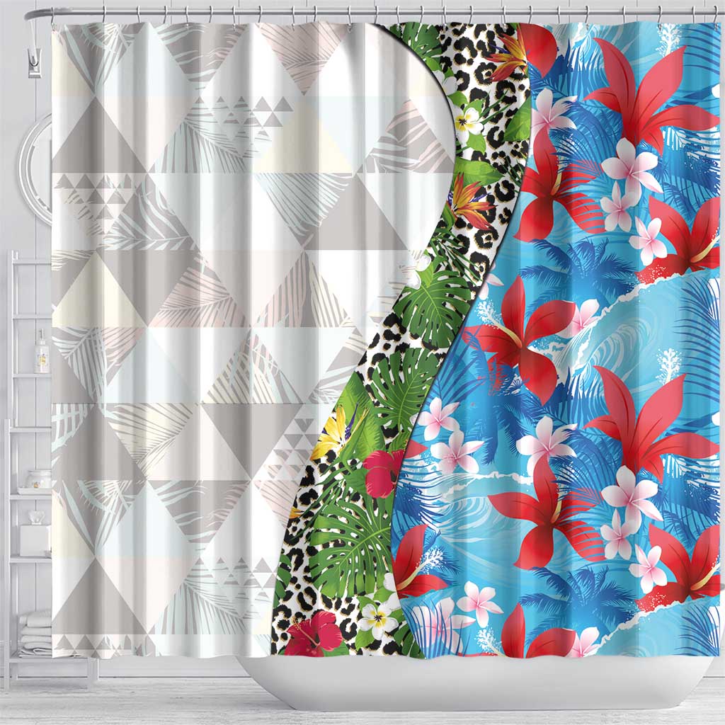 Hawaiian Tropical Flowers and Leaves Shower Curtain on Leopard Pattern Half Style White-Blue Version - Polynesian Pride