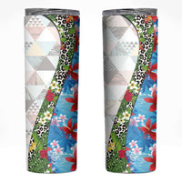 Hawaiian Tropical Flowers and Leaves Skinny Tumbler on Leopard Pattern Half Style White-Blue Version - Polynesian Pride