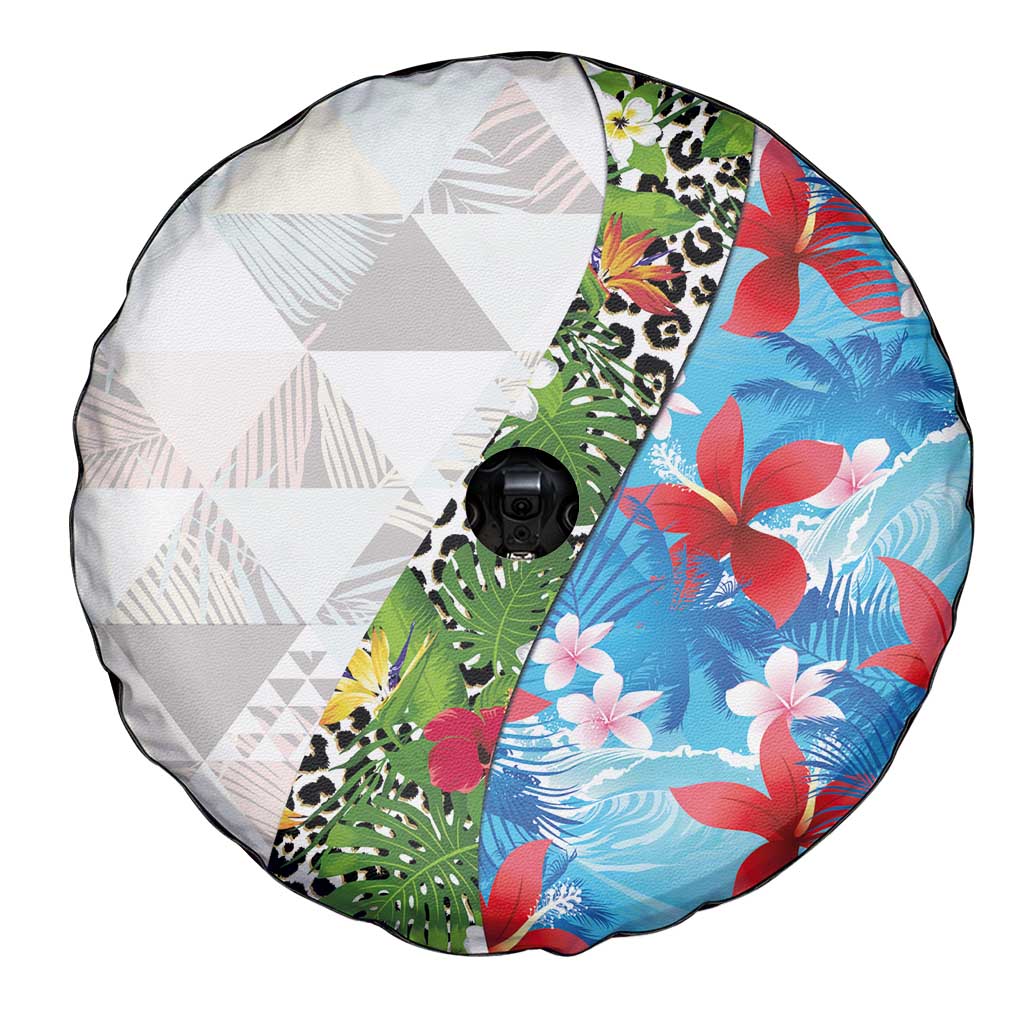 Hawaiian Tropical Flowers and Leaves Spare Tire Cover on Leopard Pattern Half Style White-Blue Version - Polynesian Pride