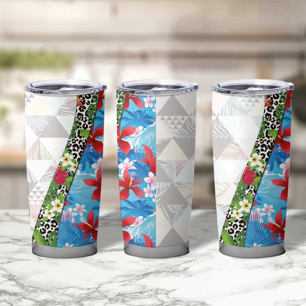 Hawaiian Tropical Flowers and Leaves Tumbler Cup on Leopard Pattern Half Style White-Blue Version - Polynesian Pride