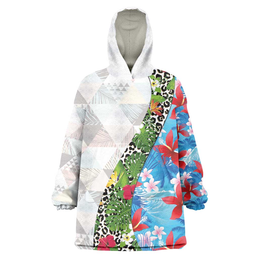 Hawaiian Tropical Flowers and Leaves Wearable Blanket Hoodie on Leopard Pattern Half Style White-Blue Version - Polynesian Pride