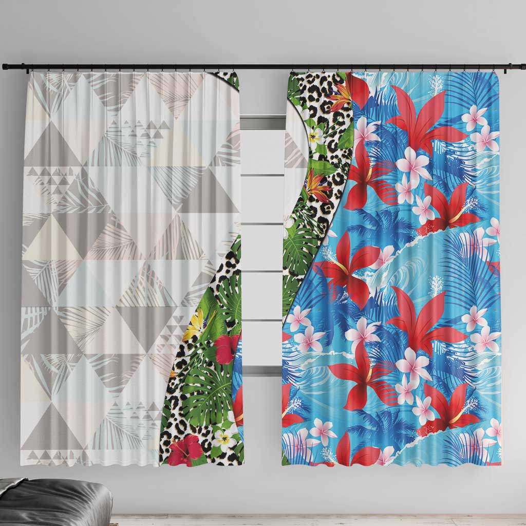 Hawaiian Tropical Flowers and Leaves Window Curtain on Leopard Pattern Half Style White-Blue Version - Polynesian Pride