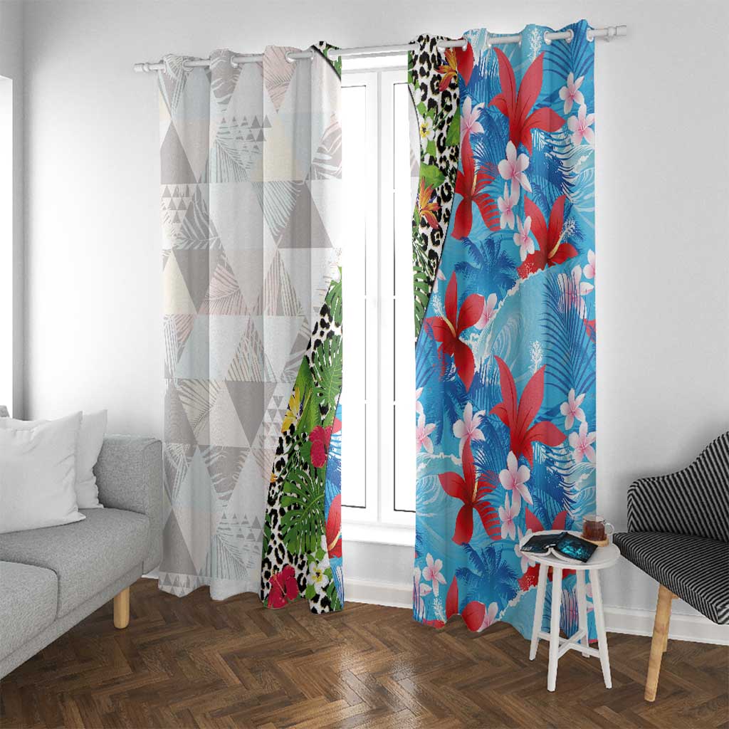 Hawaiian Tropical Flowers and Leaves Window Curtain on Leopard Pattern Half Style White-Blue Version - Polynesian Pride