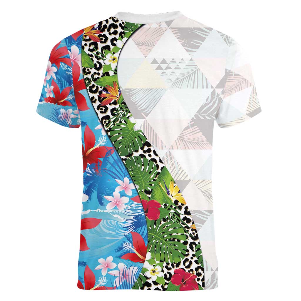 Hawaiian Tropical Flowers and Leaves Women V-Neck T-Shirt on Leopard Pattern Half Style White-Blue Version - Polynesian Pride