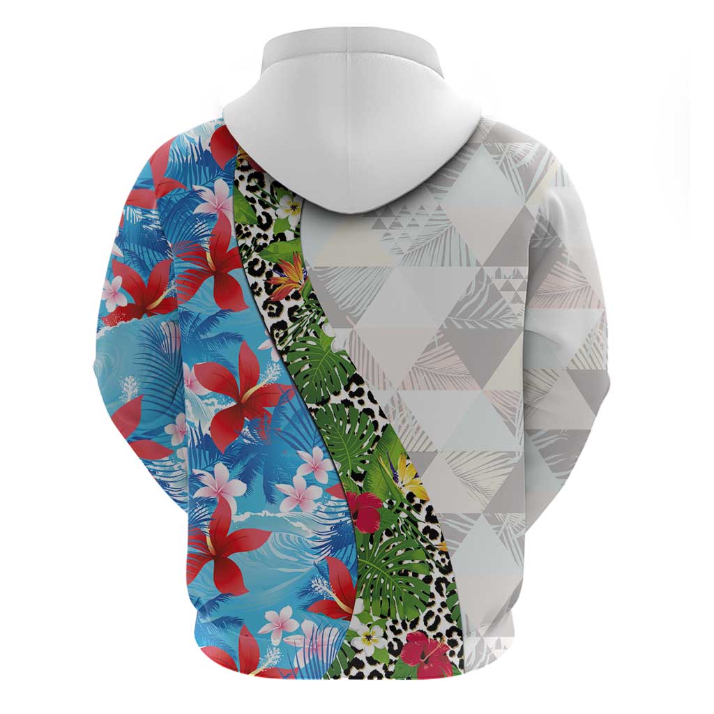 Hawaiian Tropical Flowers and Leaves Zip Hoodie on Leopard Pattern Half Style White-Blue Version - Polynesian Pride
