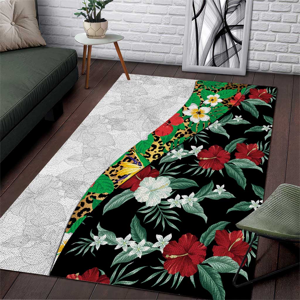 Hawaiian Tropical Flowers and Leaves Area Rug on Leopard Pattern Half Style White-Black Version - Polynesian Pride