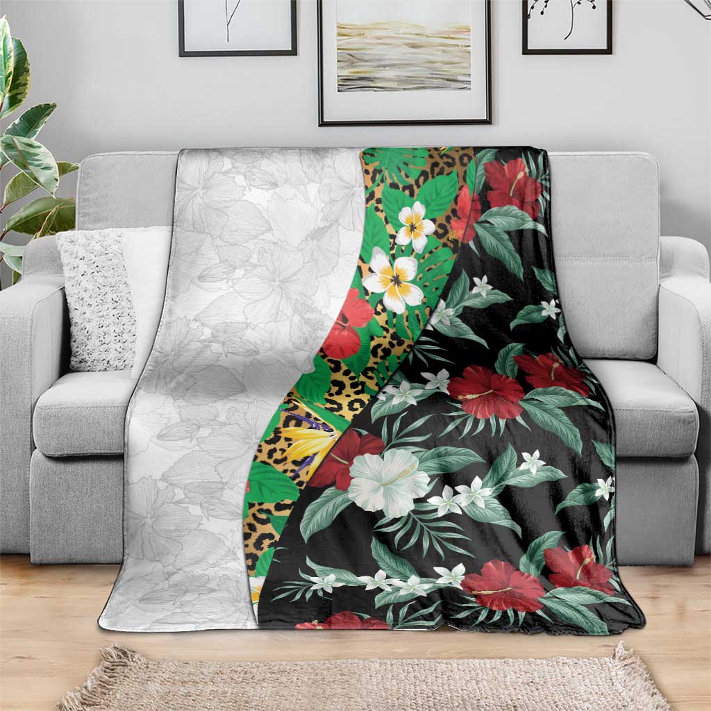 Hawaiian Tropical Flowers and Leaves Blanket on Leopard Pattern Half Style White-Black Version - Polynesian Pride