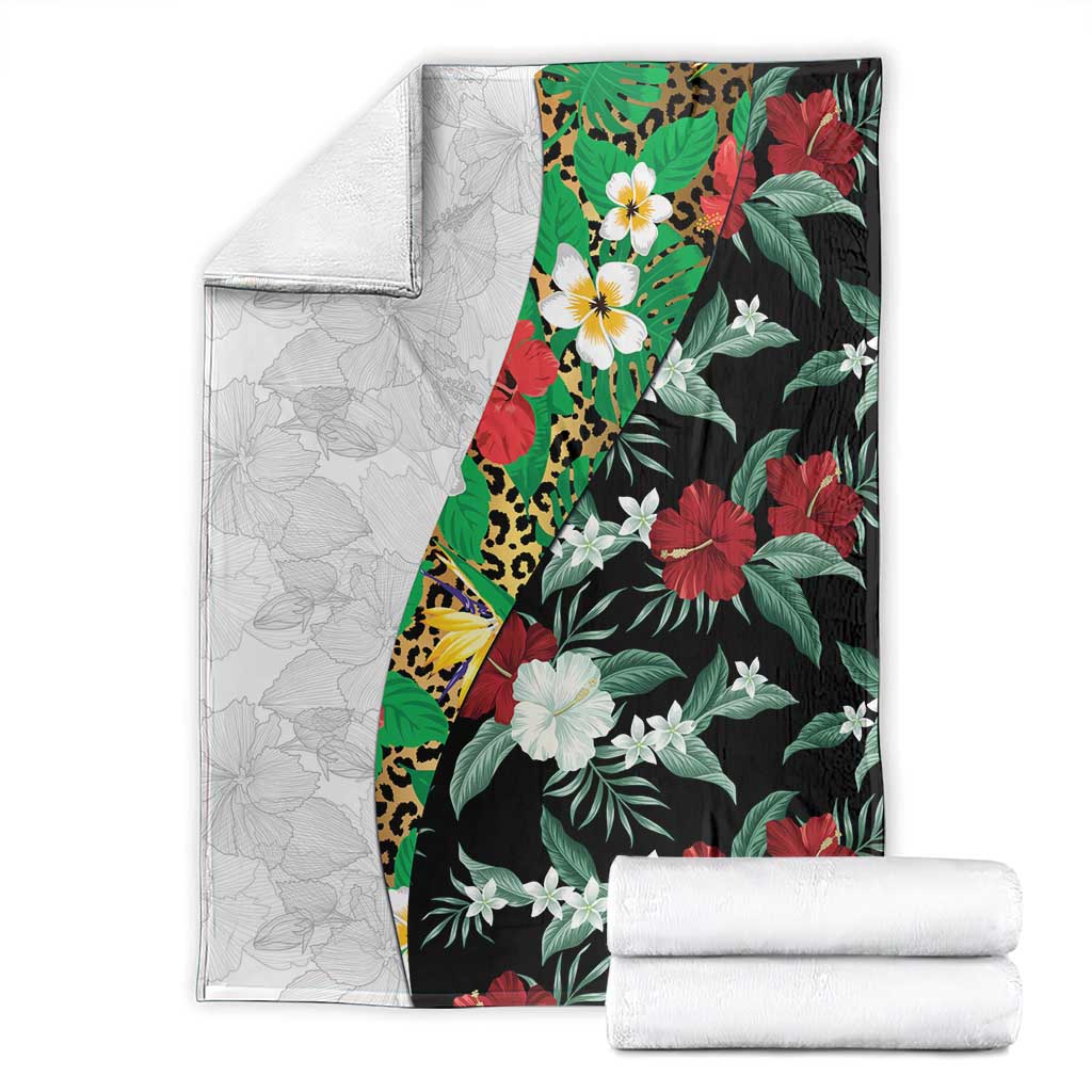 Hawaiian Tropical Flowers and Leaves Blanket on Leopard Pattern Half Style White-Black Version - Polynesian Pride