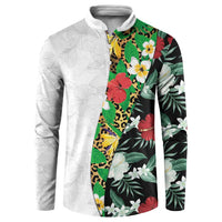Hawaiian Tropical Flowers and Leaves Button Sweatshirt on Leopard Pattern Half Style White-Black Version - Polynesian Pride