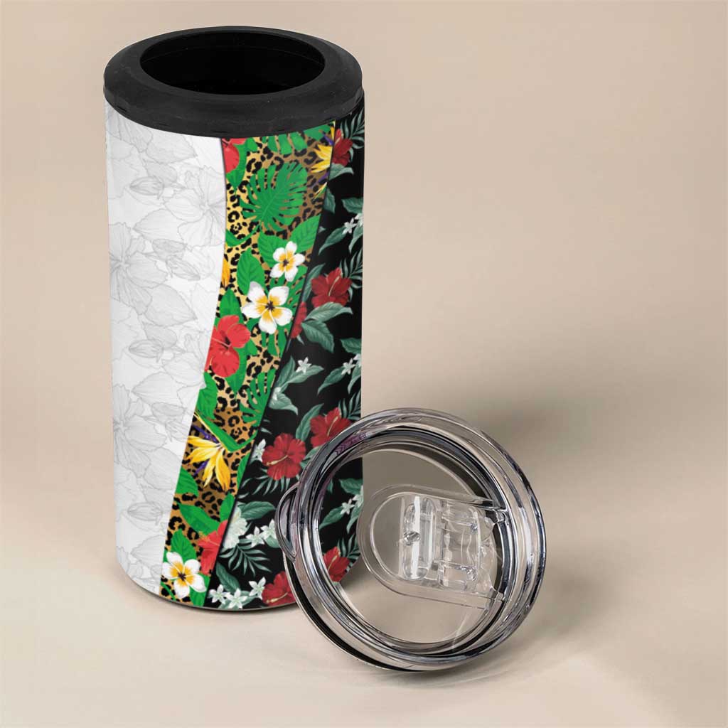 Hawaiian Tropical Flowers and Leaves 4 in 1 Can Cooler Tumbler on Leopard Pattern Half Style White-Black Version - Polynesian Pride