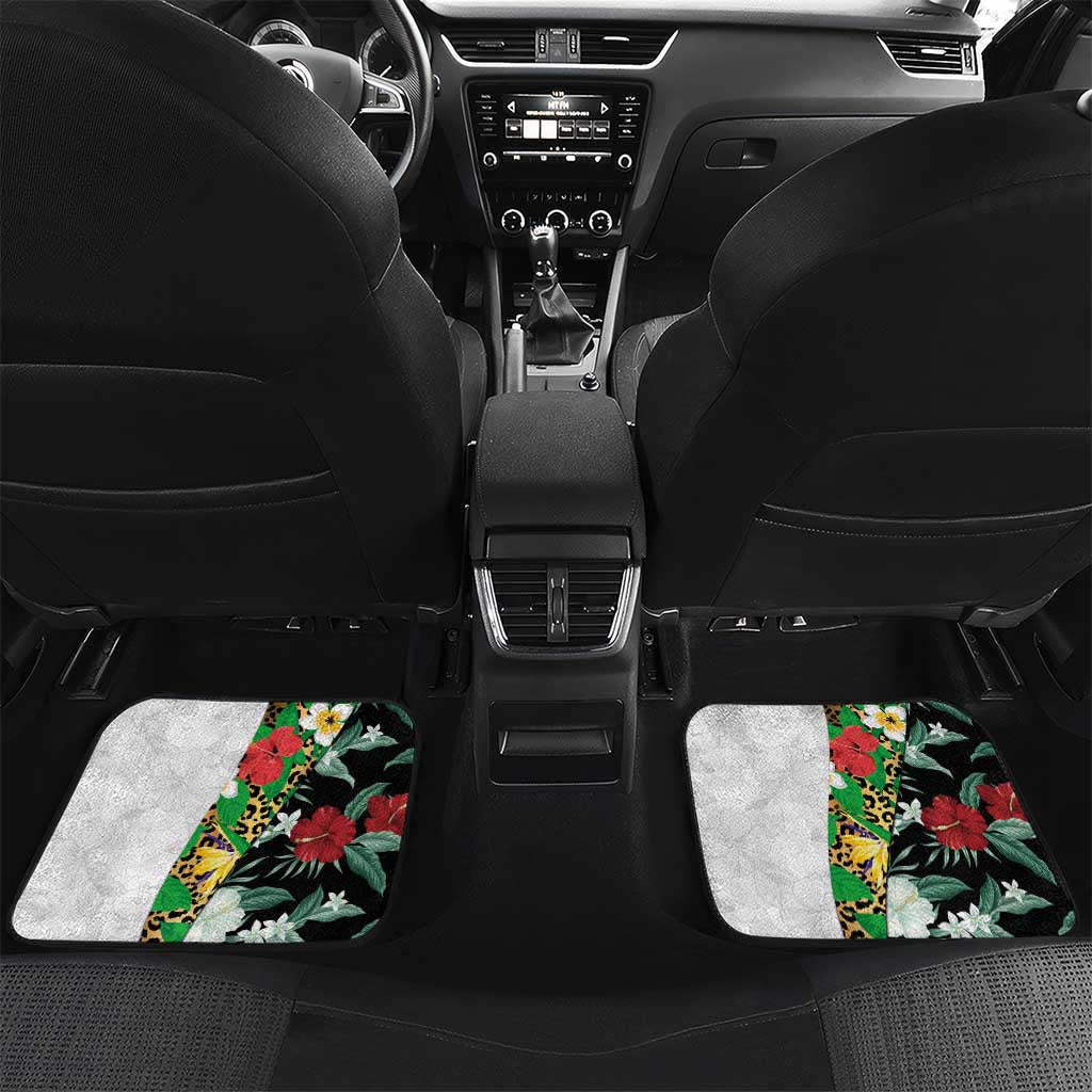 Hawaiian Tropical Flowers and Leaves Car Mats on Leopard Pattern Half Style White-Black Version - Polynesian Pride
