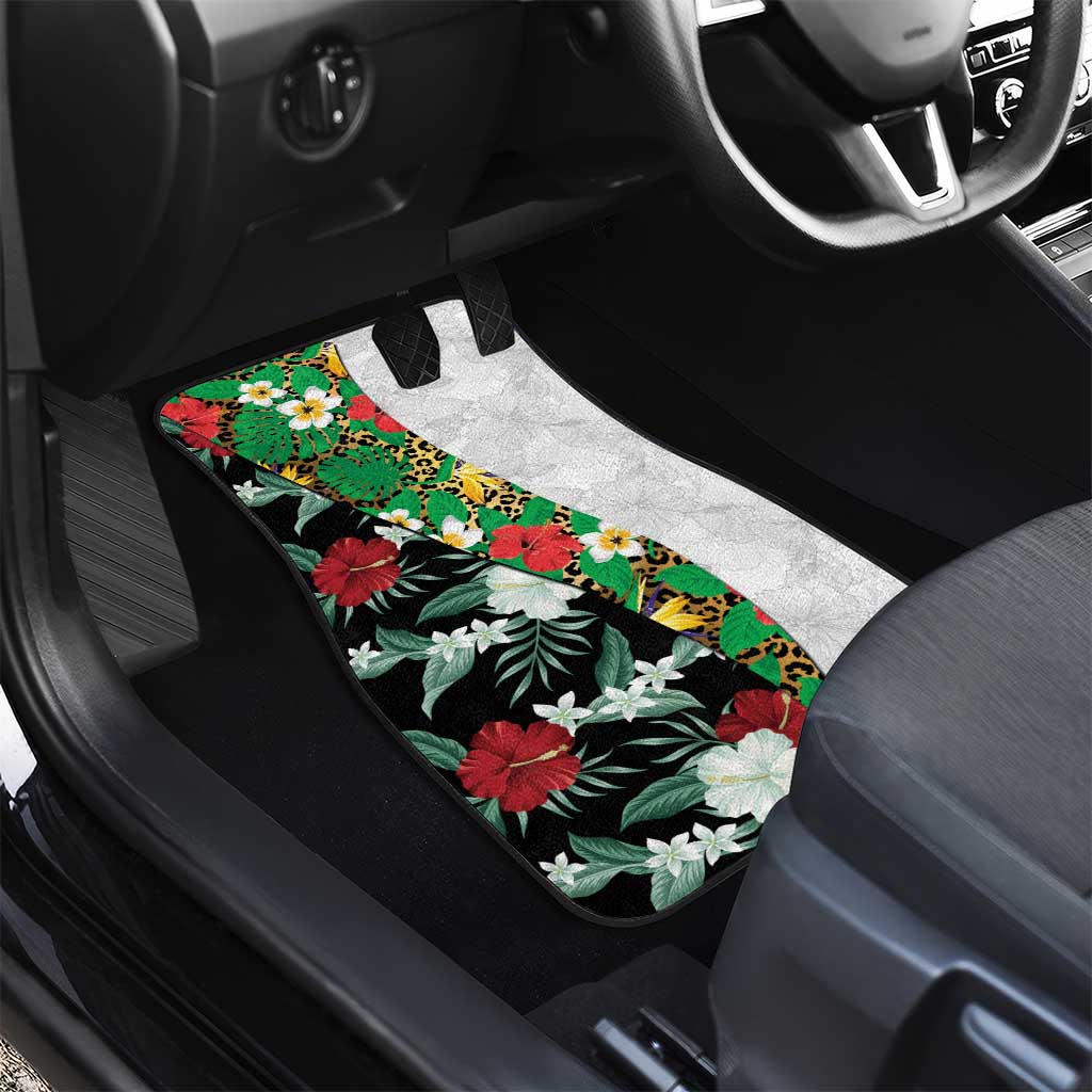 Hawaiian Tropical Flowers and Leaves Car Mats on Leopard Pattern Half Style White-Black Version - Polynesian Pride