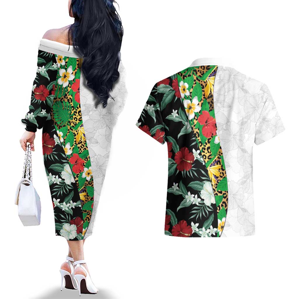 Hawaiian Tropical Flowers and Leaves Couples Matching Off The Shoulder Long Sleeve Dress and Hawaiian Shirt on Leopard Pattern Half Style White-Black Version - Polynesian Pride