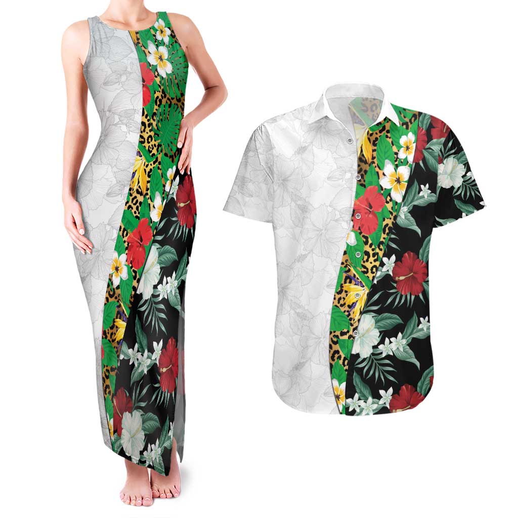 Hawaiian Tropical Flowers and Leaves Couples Matching Tank Maxi Dress and Hawaiian Shirt on Leopard Pattern Half Style White-Black Version LT03 White - Polynesian Pride