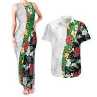 Hawaiian Tropical Flowers and Leaves Couples Matching Tank Maxi Dress and Hawaiian Shirt on Leopard Pattern Half Style White-Black Version LT03 White - Polynesian Pride