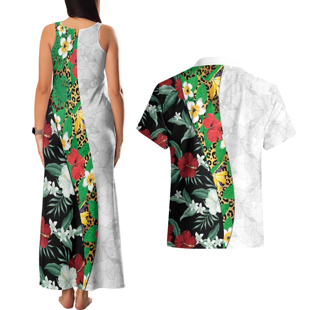 Hawaiian Tropical Flowers and Leaves Couples Matching Tank Maxi Dress and Hawaiian Shirt on Leopard Pattern Half Style White-Black Version LT03 - Polynesian Pride