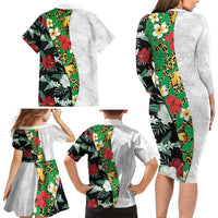 Hawaiian Tropical Flowers and Leaves Family Matching Long Sleeve Bodycon Dress and Hawaiian Shirt on Leopard Pattern Half Style White-Black Version LT03 - Polynesian Pride