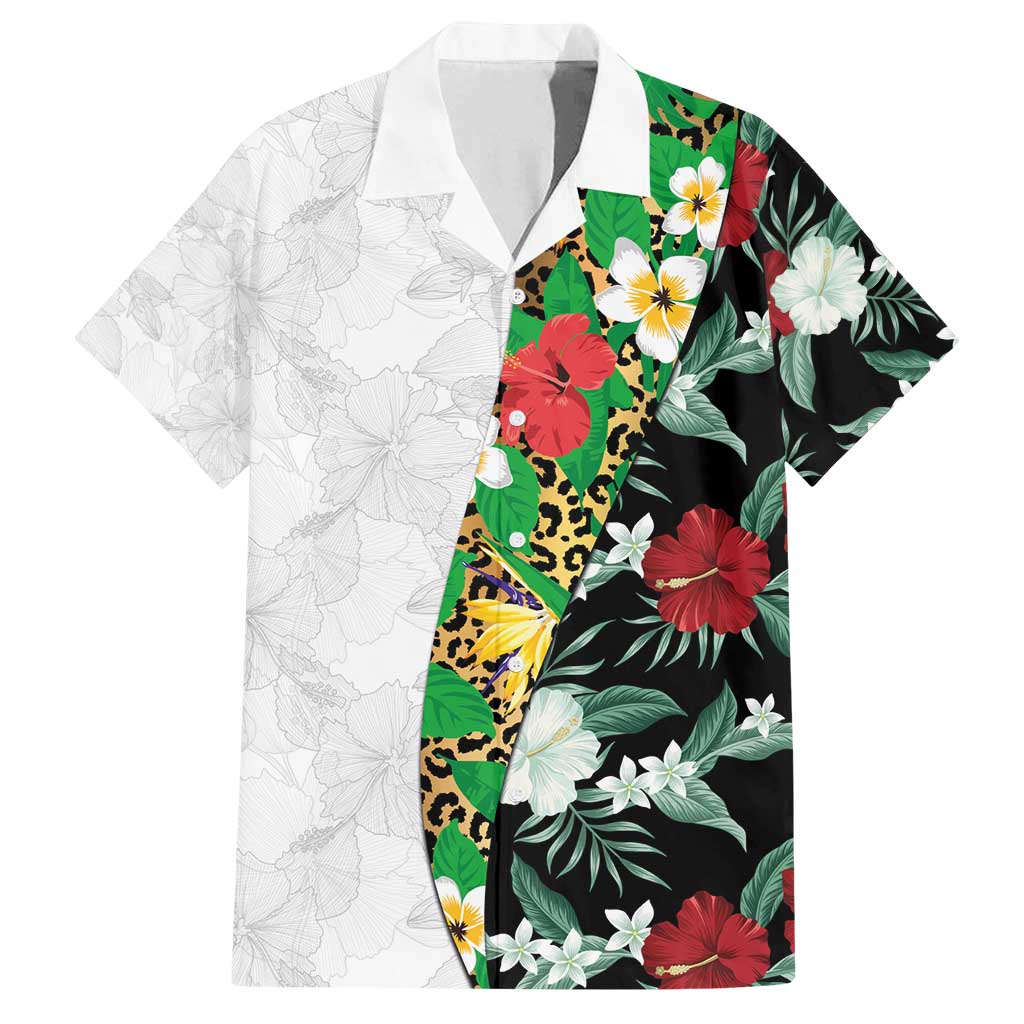 Hawaiian Tropical Flowers and Leaves Family Matching Long Sleeve Bodycon Dress and Hawaiian Shirt on Leopard Pattern Half Style White-Black Version LT03 Dad's Shirt - Short Sleeve White - Polynesian Pride