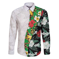 Hawaiian Tropical Flowers and Leaves Family Matching Long Sleeve Bodycon Dress and Hawaiian Shirt on Leopard Pattern Half Style White-Black Version LT03 Dad's Shirt - Long Sleeve White - Polynesian Pride