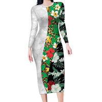 Hawaiian Tropical Flowers and Leaves Family Matching Long Sleeve Bodycon Dress and Hawaiian Shirt on Leopard Pattern Half Style White-Black Version LT03 Mom's Dress White - Polynesian Pride
