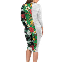 Hawaiian Tropical Flowers and Leaves Family Matching Long Sleeve Bodycon Dress and Hawaiian Shirt on Leopard Pattern Half Style White-Black Version LT03 - Polynesian Pride