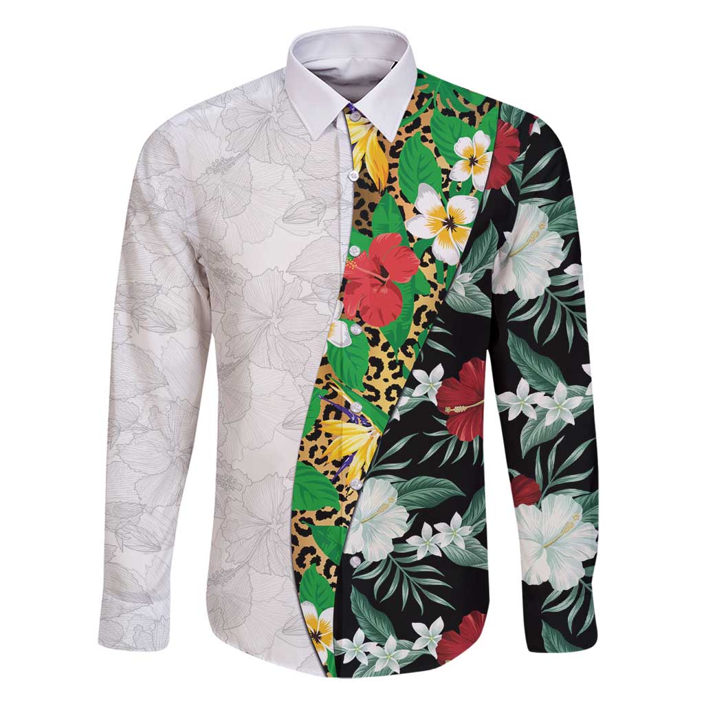 Hawaiian Tropical Flowers and Leaves Family Matching Off Shoulder Short Dress and Hawaiian Shirt on Leopard Pattern Half Style White-Black Version - Polynesian Pride