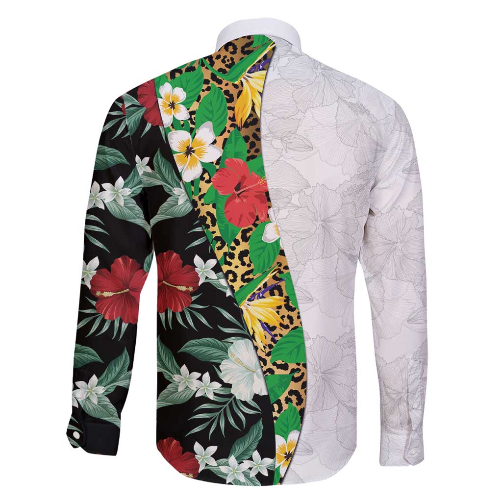 Hawaiian Tropical Flowers and Leaves Family Matching Off Shoulder Short Dress and Hawaiian Shirt on Leopard Pattern Half Style White-Black Version - Polynesian Pride