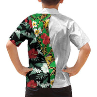 Hawaiian Tropical Flowers and Leaves Family Matching Short Sleeve Bodycon Dress and Hawaiian Shirt on Leopard Pattern Half Style White-Black Version LT03 - Polynesian Pride
