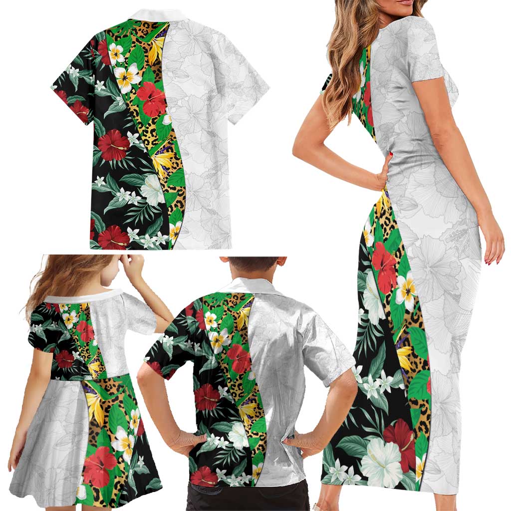 Hawaiian Tropical Flowers and Leaves Family Matching Short Sleeve Bodycon Dress and Hawaiian Shirt on Leopard Pattern Half Style White-Black Version LT03 - Polynesian Pride