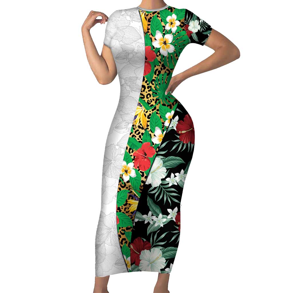 Hawaiian Tropical Flowers and Leaves Family Matching Short Sleeve Bodycon Dress and Hawaiian Shirt on Leopard Pattern Half Style White-Black Version LT03 Mom's Dress White - Polynesian Pride